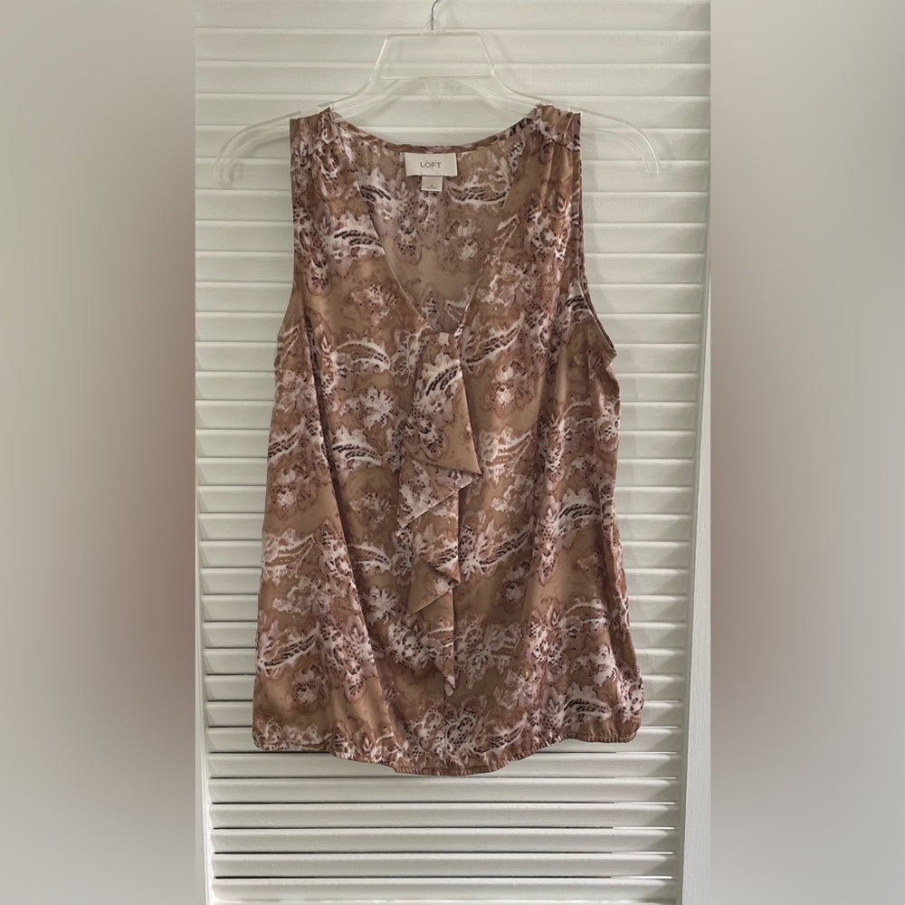 LOFT Brown and Tan Sleeveless Ruffled Tie Front Blouse